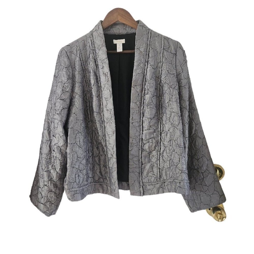 Chicos Earlene Textured Gray Silver Textured Jacket Blazer Open Lined Size 1 M